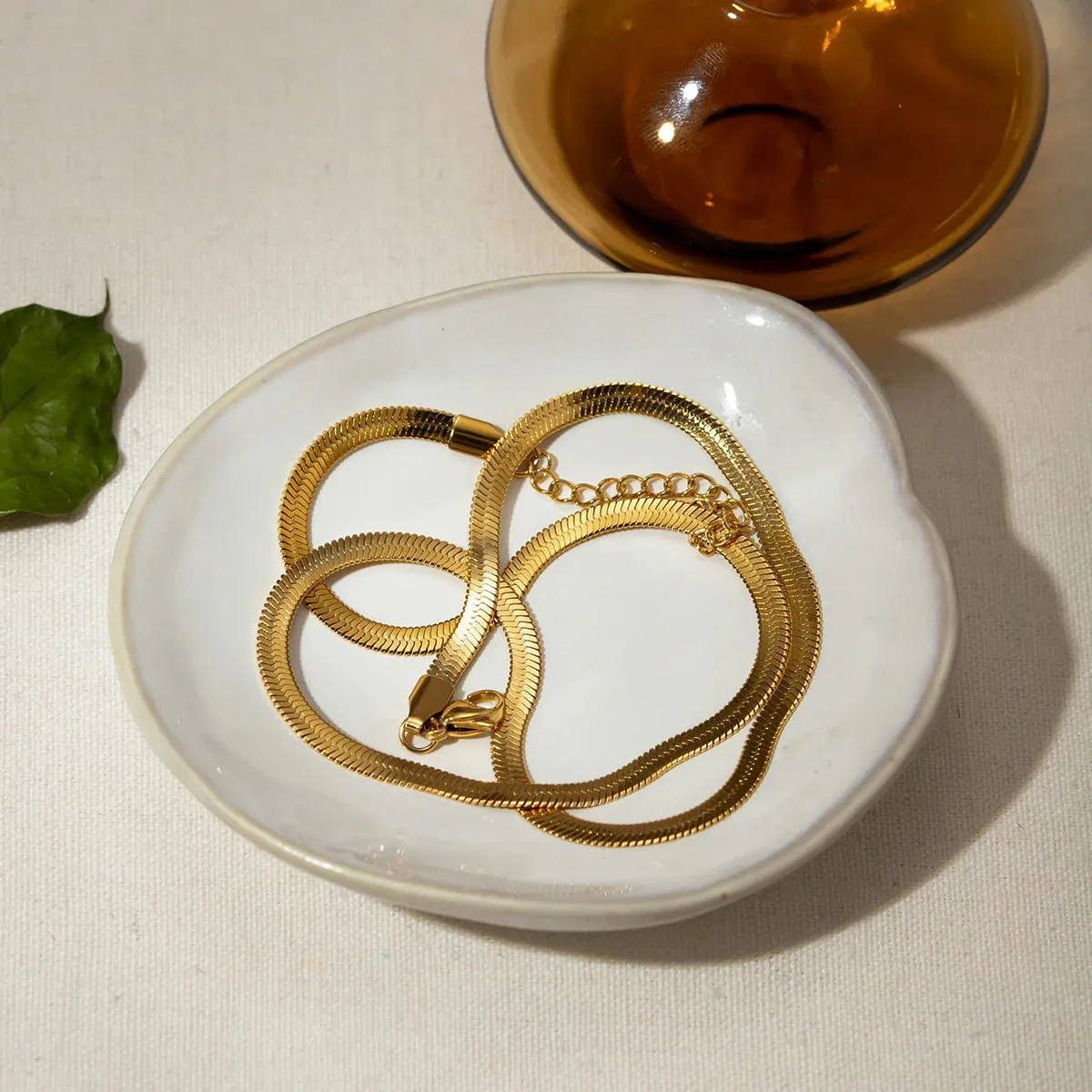 18k Gold Plated Minimalist Snake Flat Chain Bracelet Women