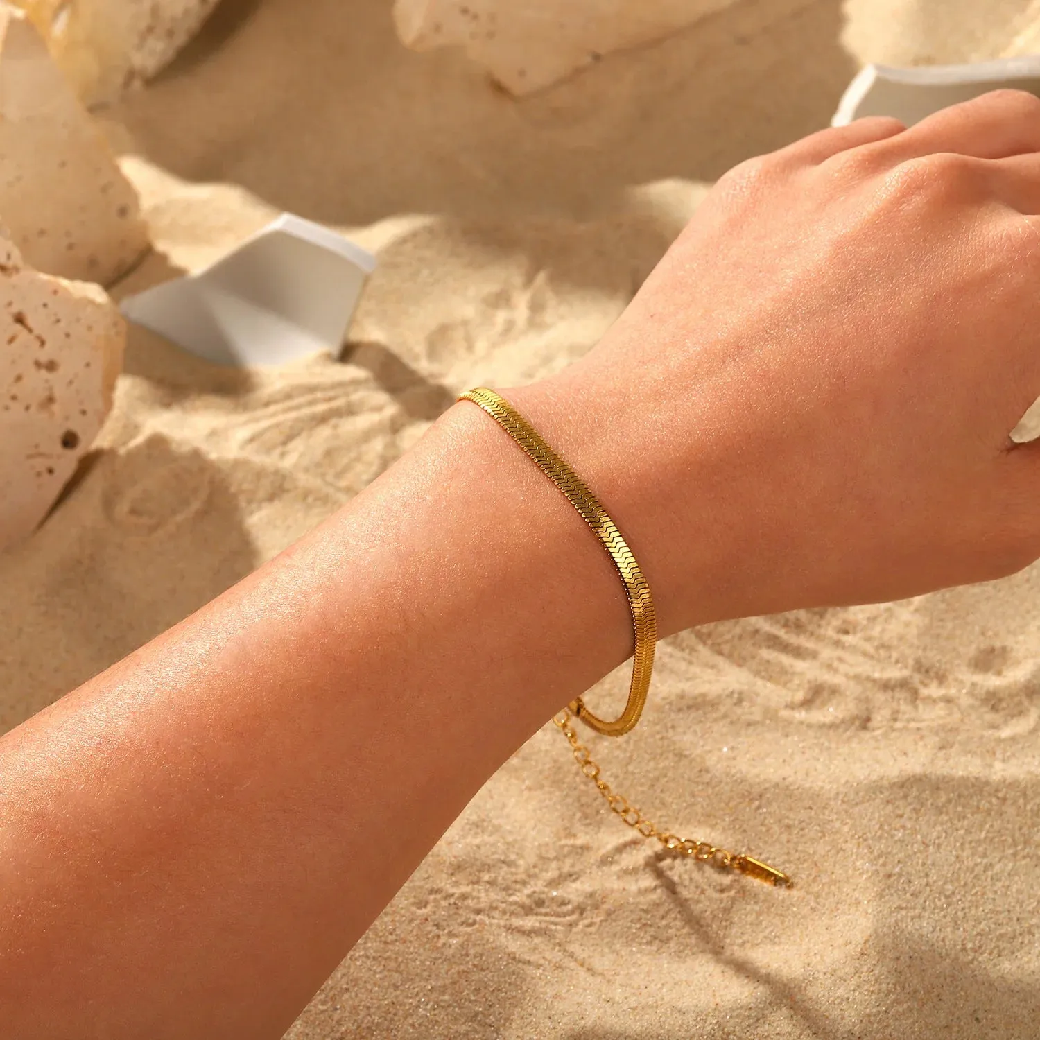 18k Gold Plated Minimalist Snake Flat Chain Bracelet Women