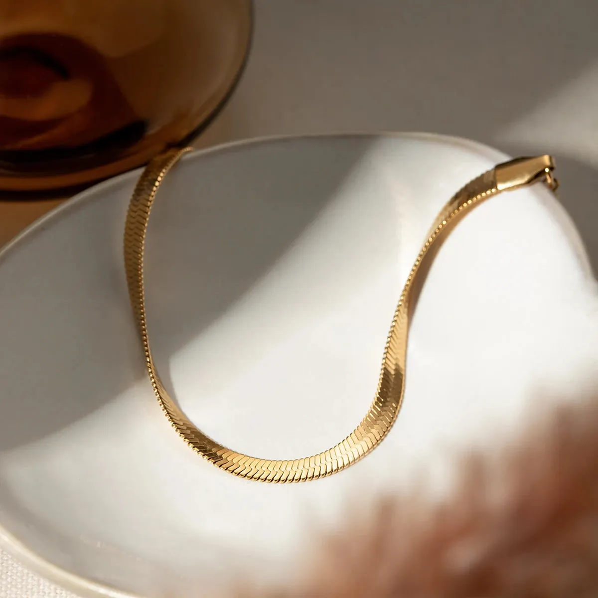 18k Gold Plated Minimalist Snake Flat Chain Bracelet Women