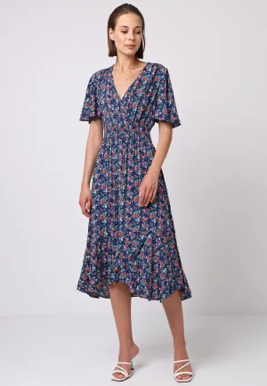 (5P.PACK) Shirred Waist Wrap Top Flutter Sleeve Midi Dress in Navy Floral
