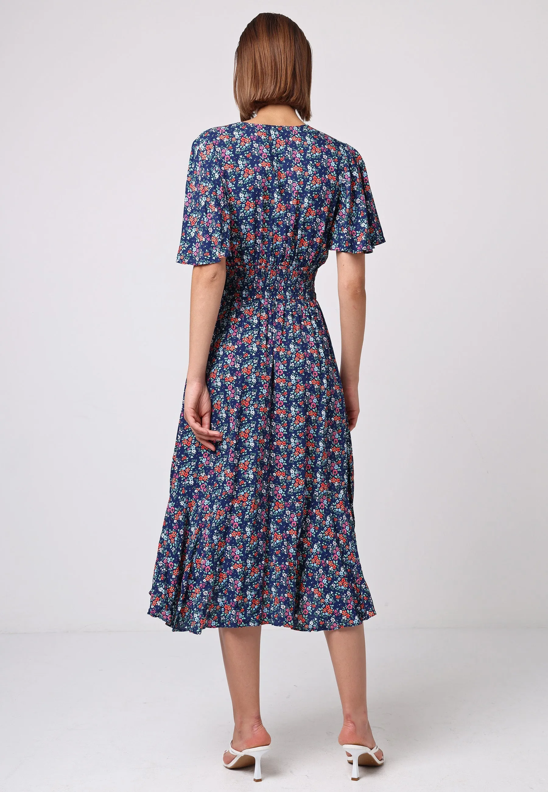 (5P.PACK) Shirred Waist Wrap Top Flutter Sleeve Midi Dress in Navy Floral