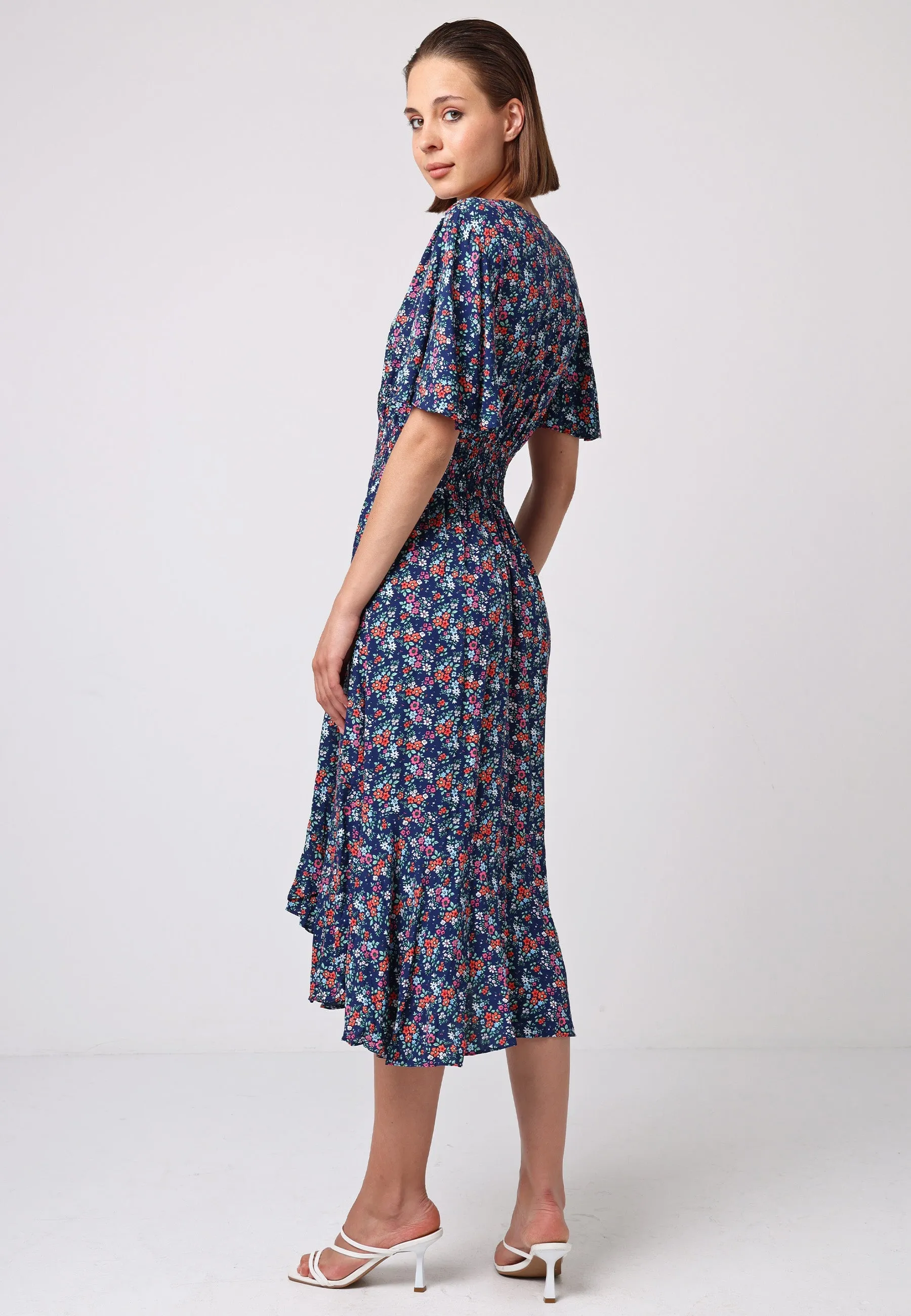 (5P.PACK) Shirred Waist Wrap Top Flutter Sleeve Midi Dress in Navy Floral