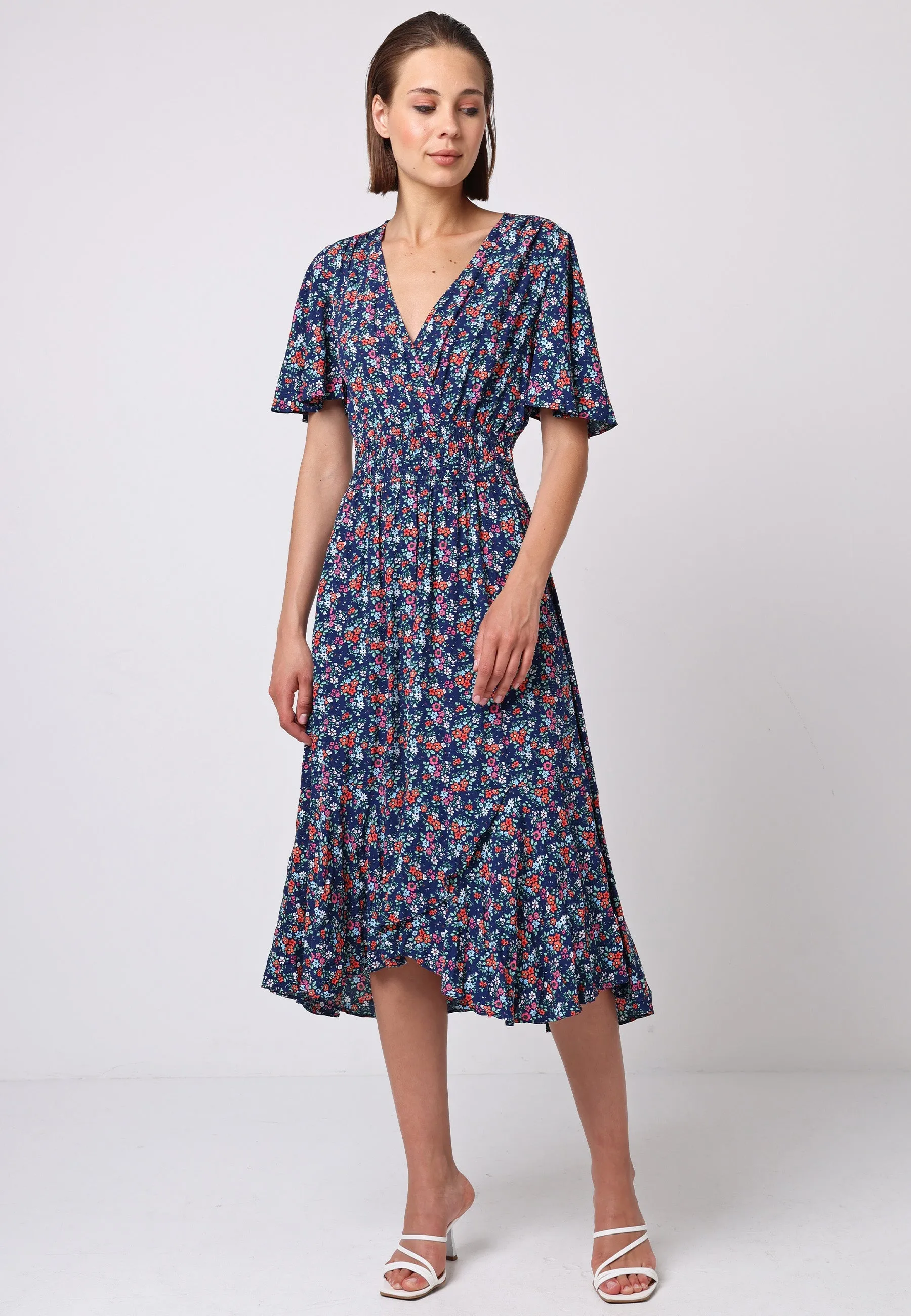 (5P.PACK) Shirred Waist Wrap Top Flutter Sleeve Midi Dress in Navy Floral