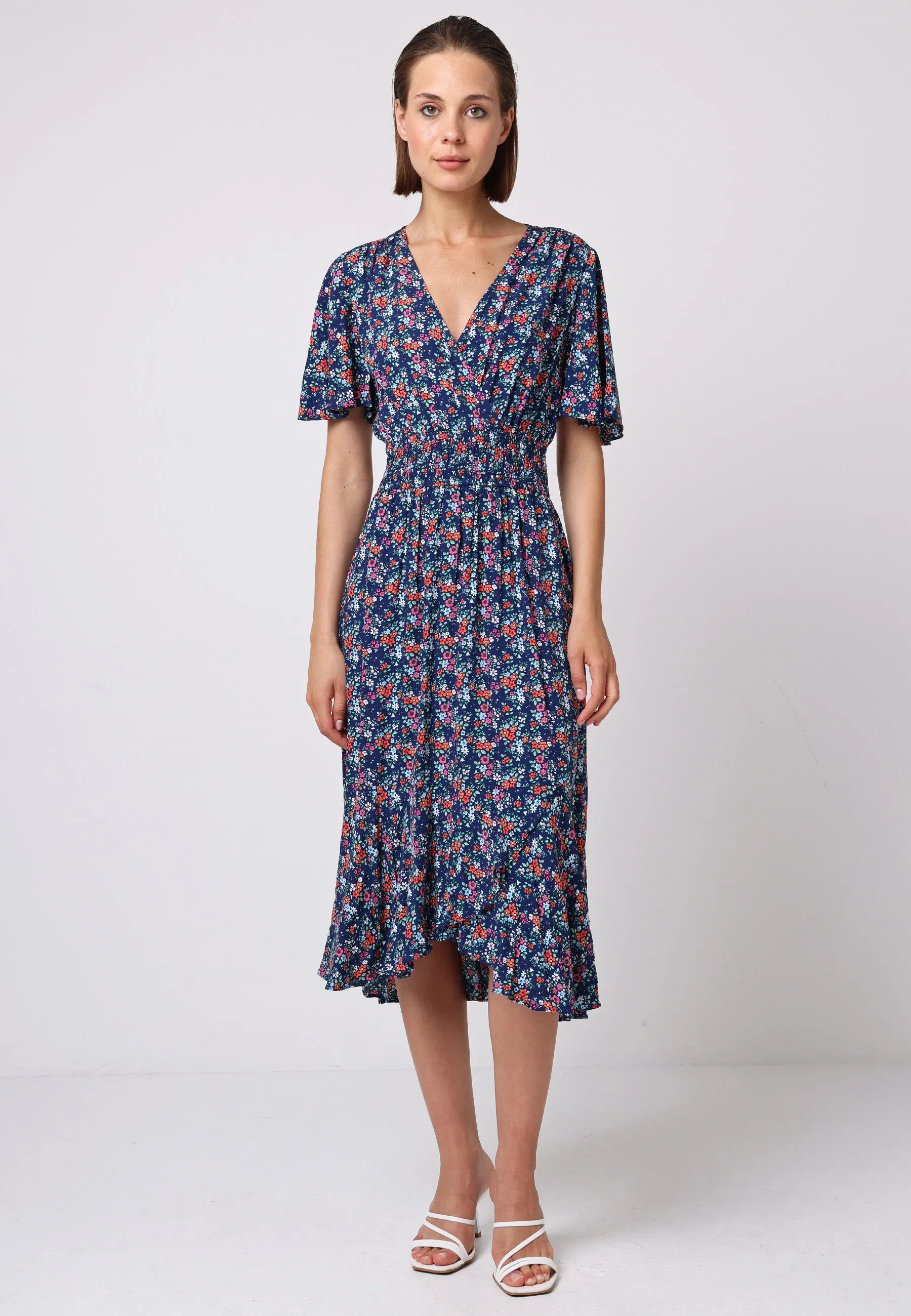 (5P.PACK) Shirred Waist Wrap Top Flutter Sleeve Midi Dress in Navy Floral