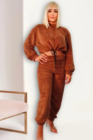 Angie’s Cozy Teddy Lounge Joggers Set (Brown)