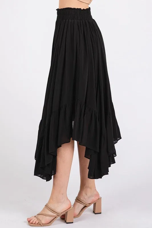 Black Handkerchief Hem Elastic Waist Pocket Midi Skirt