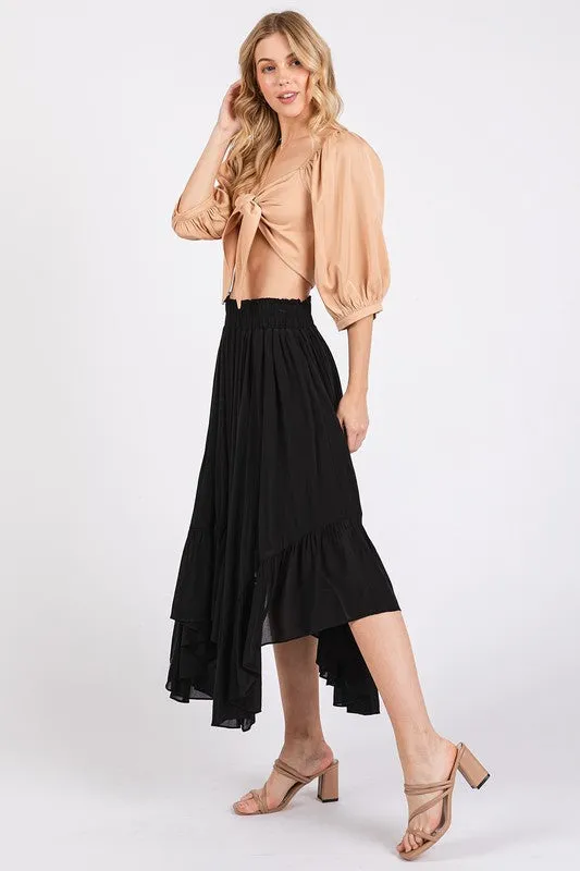 Black Handkerchief Hem Elastic Waist Pocket Midi Skirt