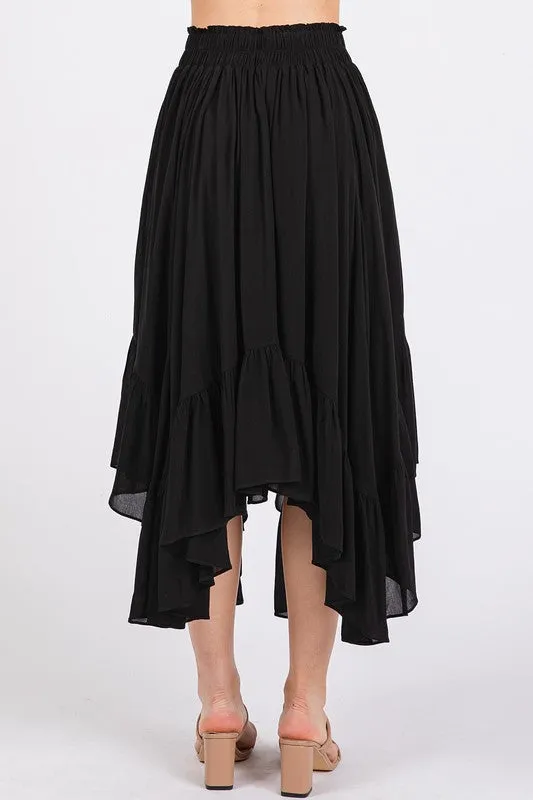 Black Handkerchief Hem Elastic Waist Pocket Midi Skirt