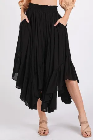 Black Handkerchief Hem Elastic Waist Pocket Midi Skirt