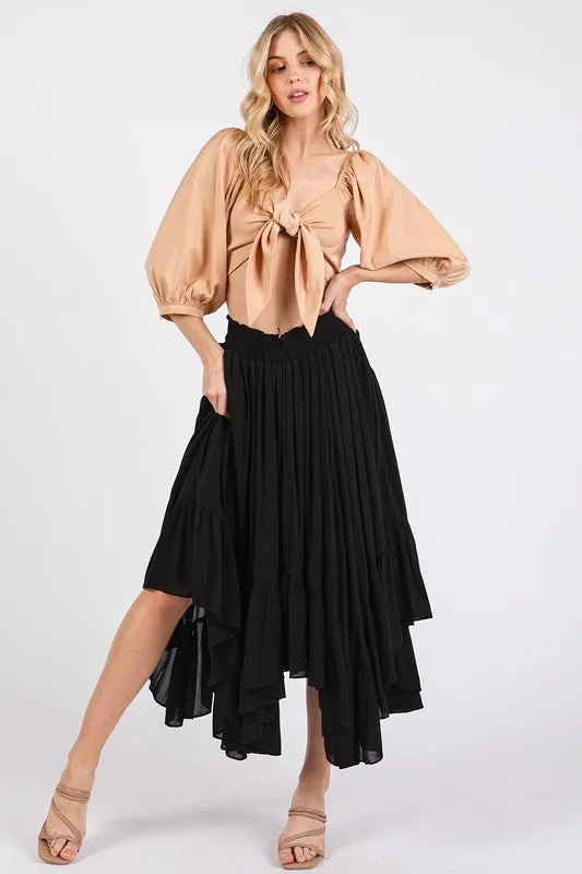 Black Handkerchief Hem Elastic Waist Pocket Midi Skirt