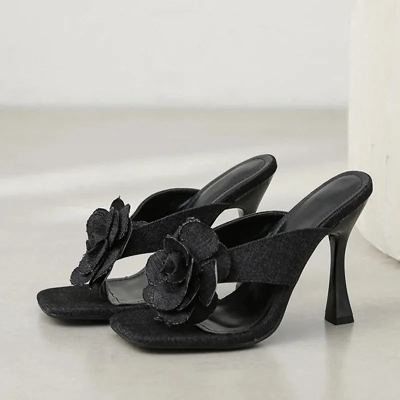 Blue Denim Flower Summer Heel Sandals