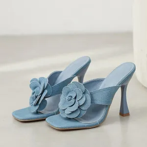 Blue Denim Flower Summer Heel Sandals