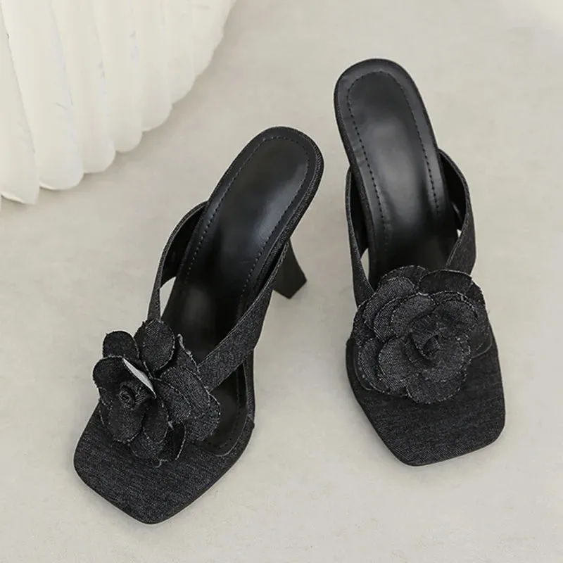 Blue Denim Flower Summer Heel Sandals