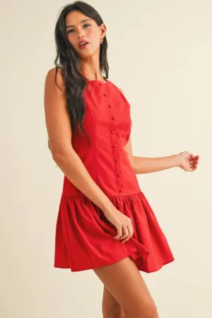 Cassandra Sleeveless Button Down Flare Mini Dress Red