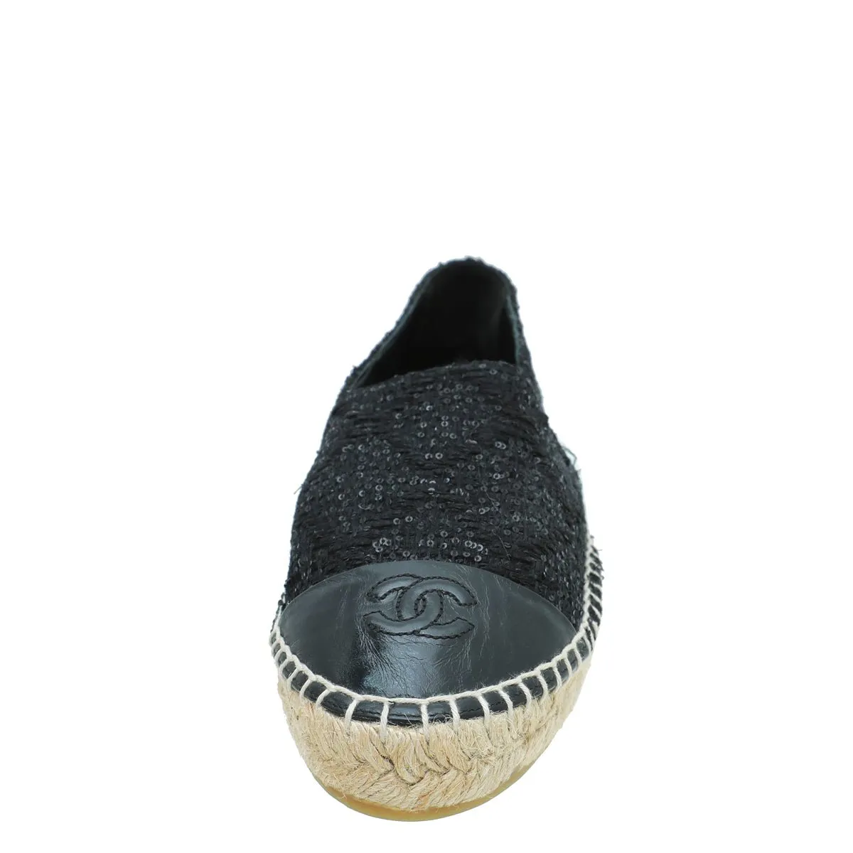 Chanel Black CC Cap Toe Sequin Tweed Espadrille 38