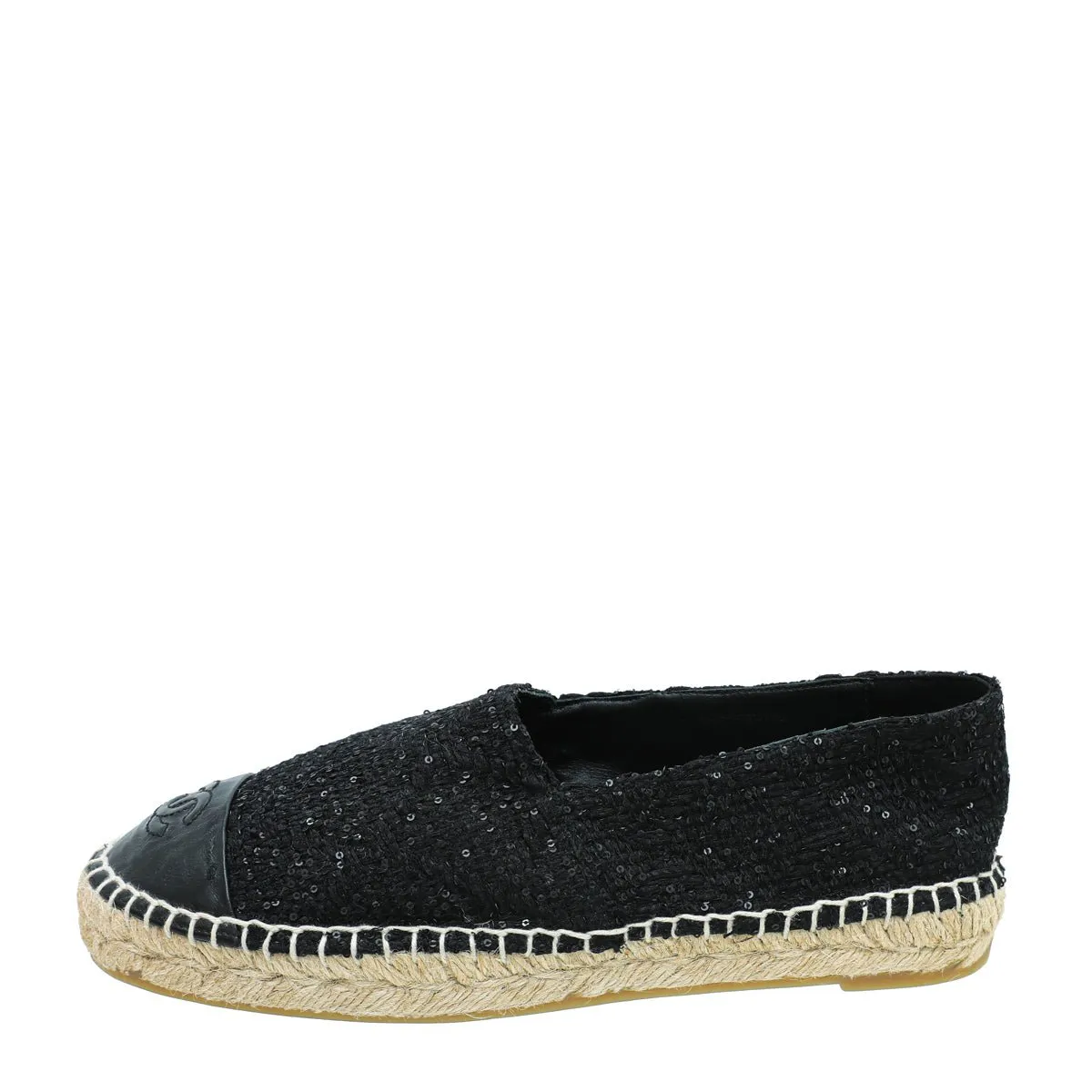 Chanel Black CC Cap Toe Sequin Tweed Espadrille 38
