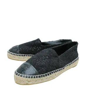 Chanel Black CC Cap Toe Sequin Tweed Espadrille 38
