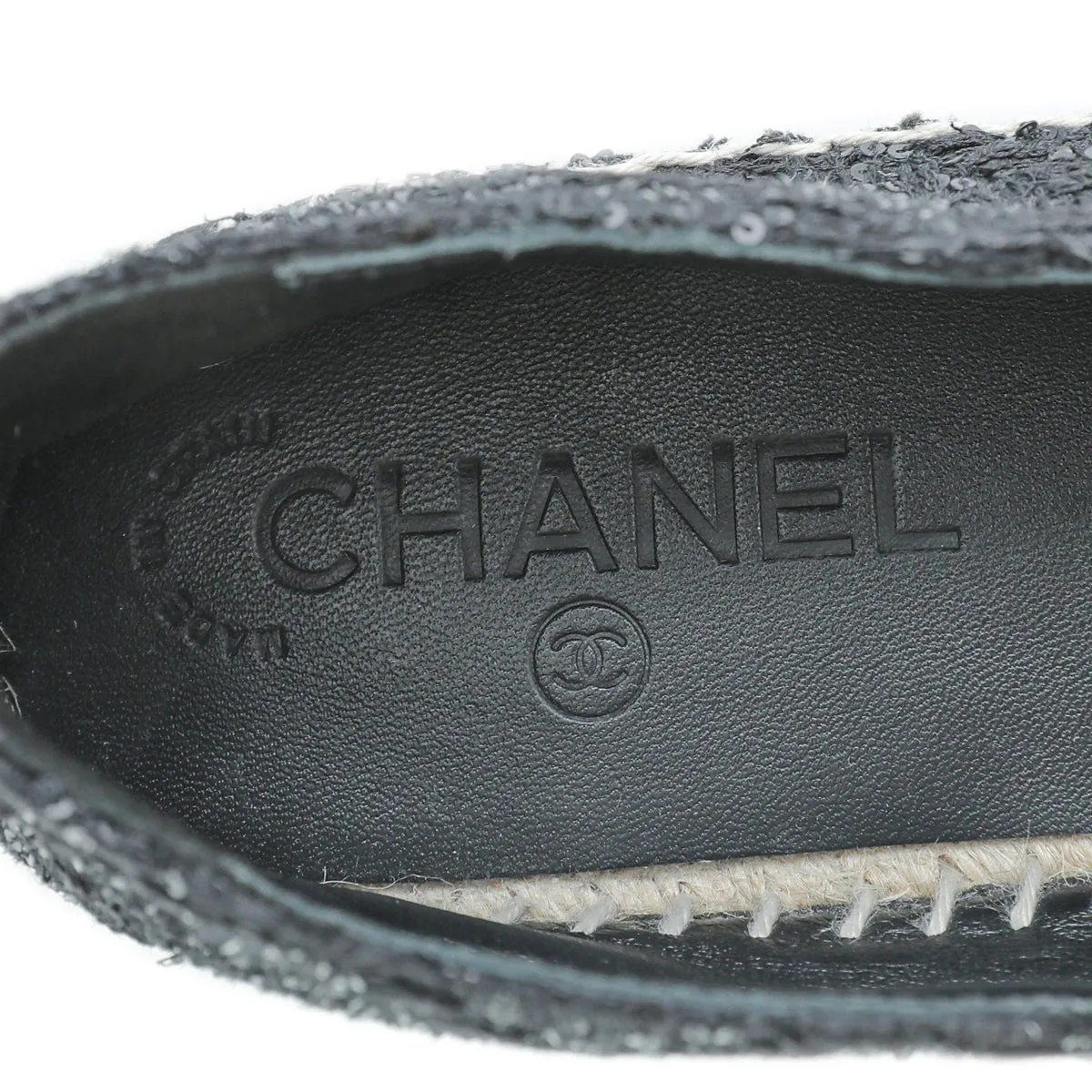 Chanel Black CC Cap Toe Sequin Tweed Espadrille 38