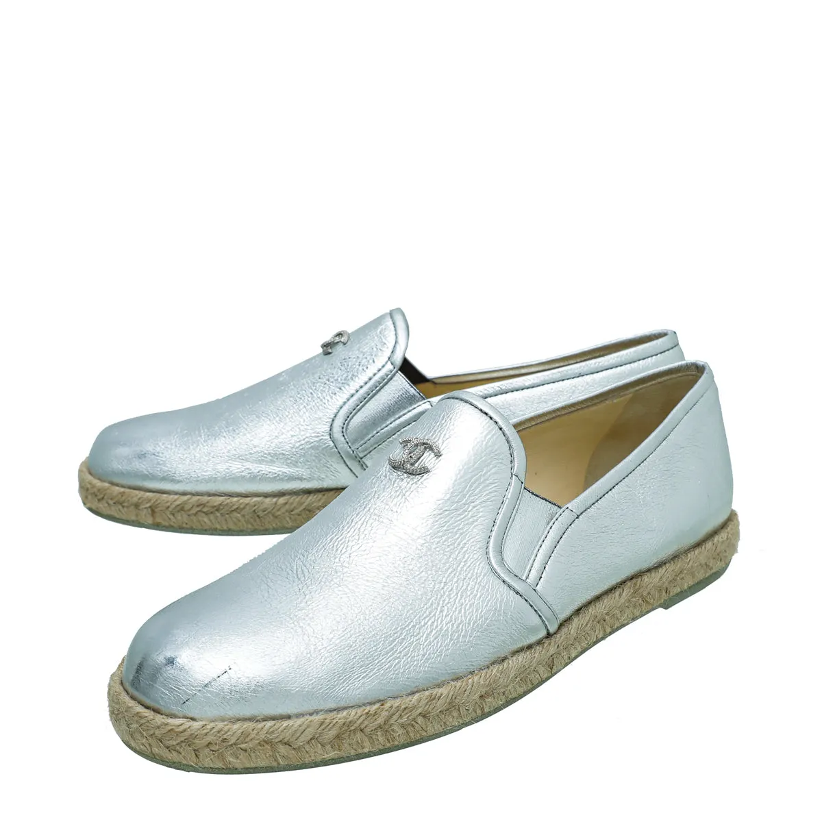 Chanel Metallic Silver 2016 Interlocking CC Espadrille 38.5