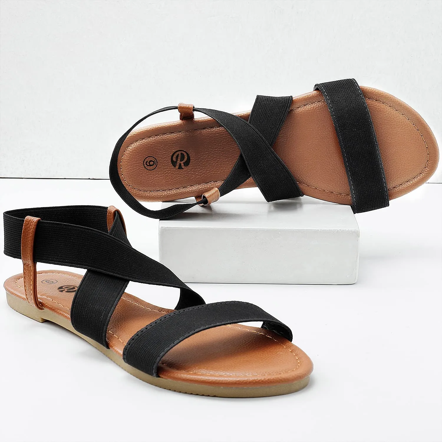 Cross Strap Black Non Slip Flat Elastic Sandals