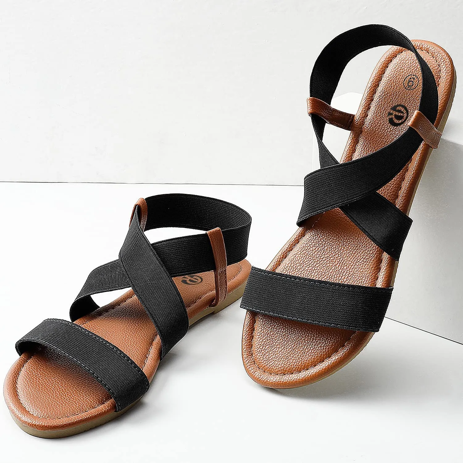 Cross Strap Black Non Slip Flat Elastic Sandals