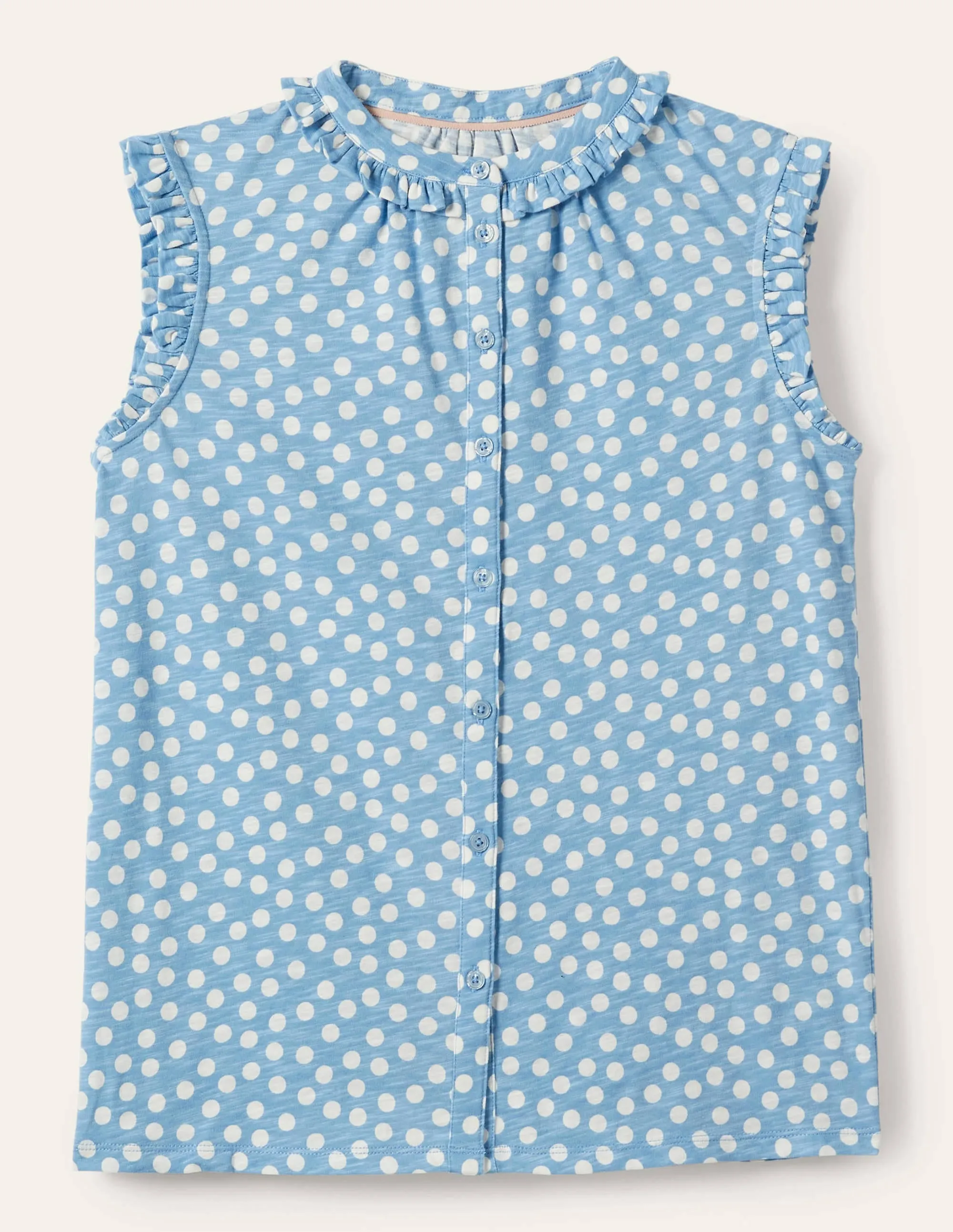 Daphne Frilly Sleeveless Shirt-Dusty Blue, Scatter Dot