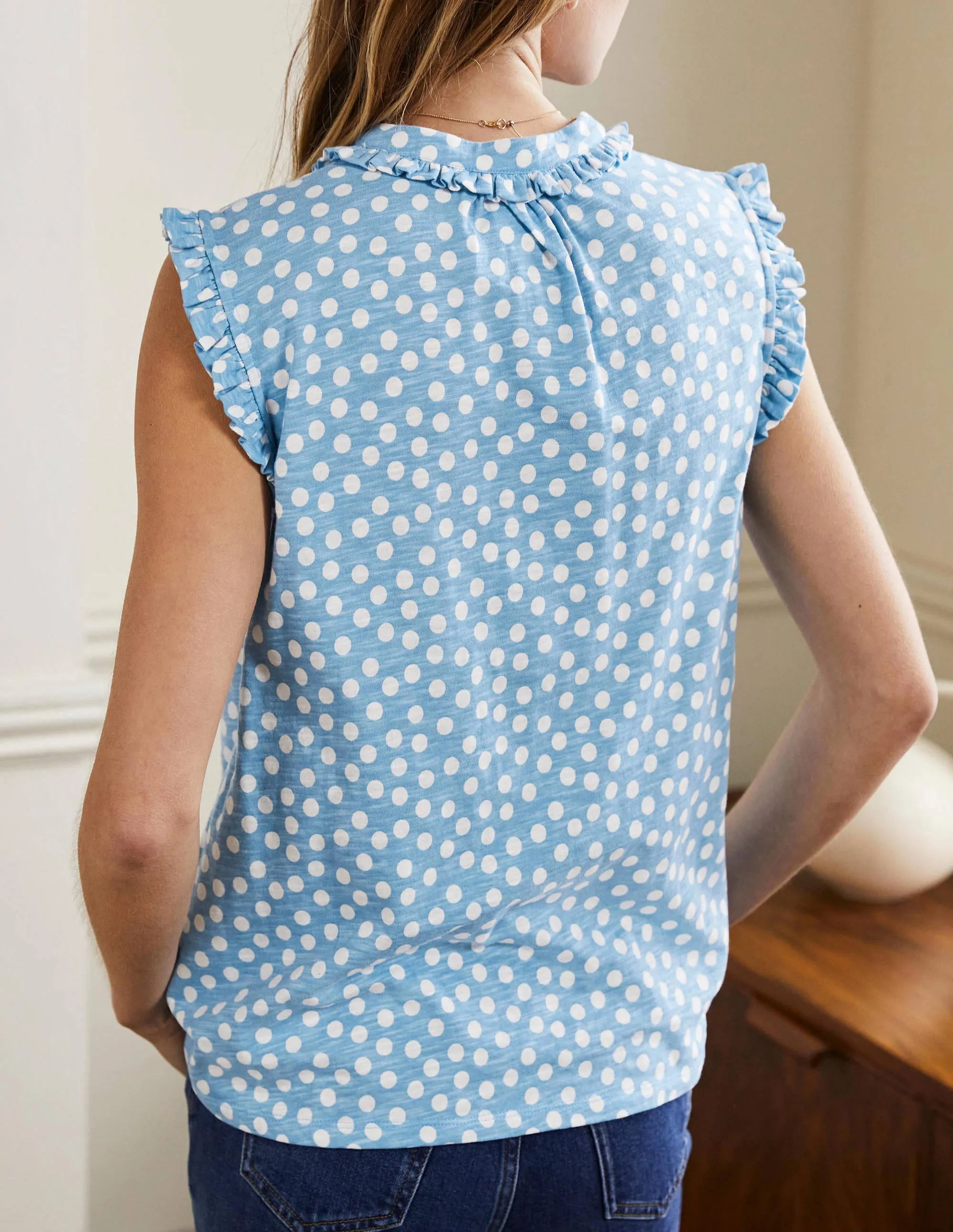 Daphne Frilly Sleeveless Shirt-Dusty Blue, Scatter Dot