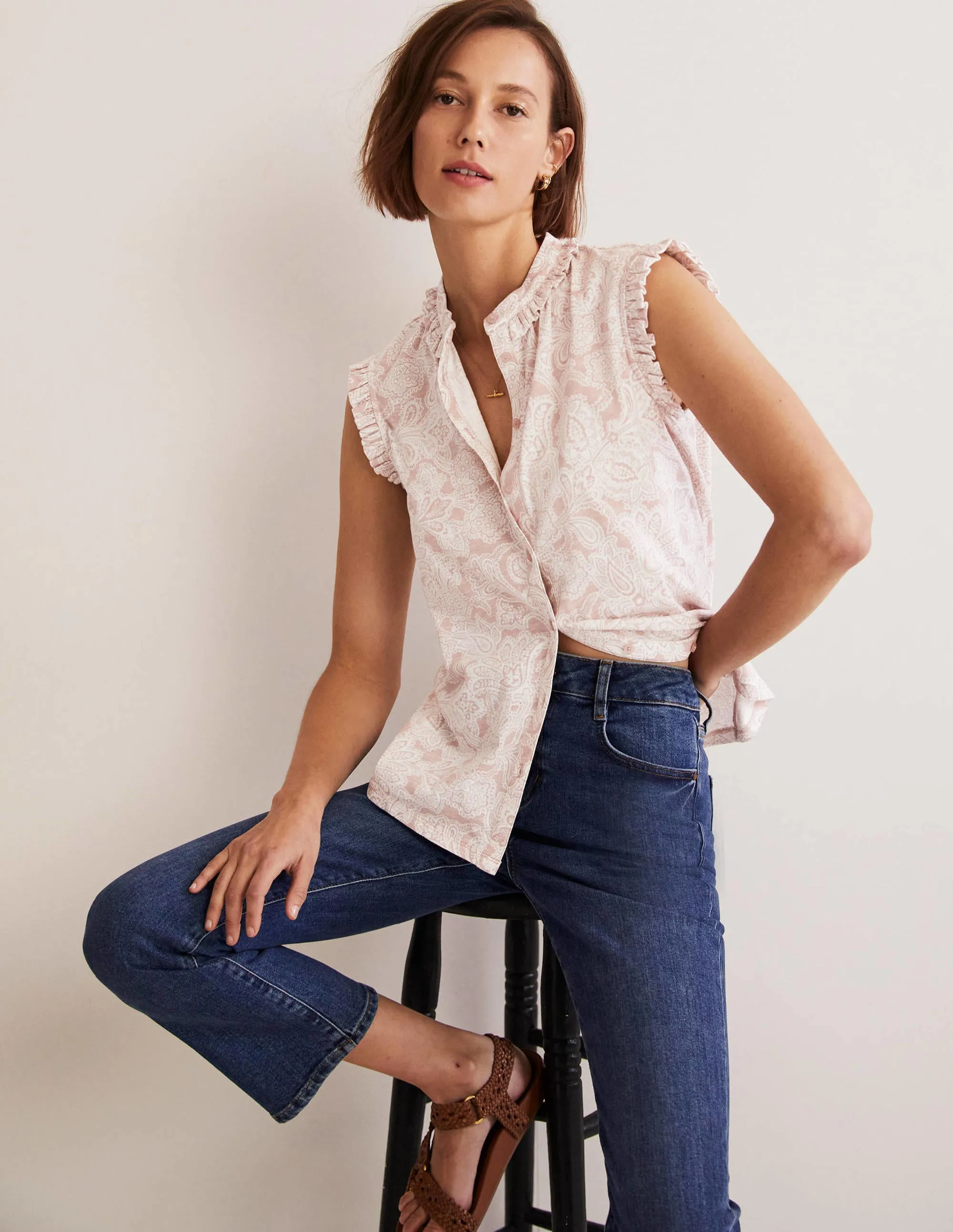 Daphne Frilly Sleeveless Shirt-Milkshake, Paisley Bud
