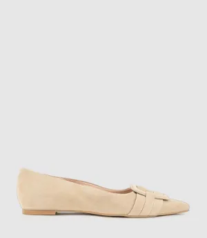 DESTRAFLAT Pointed Ballet with Buckle in Camel Suede