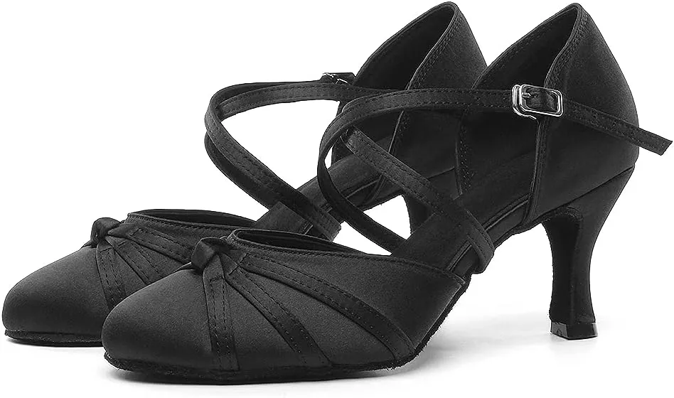 DKZSYIM Women's Satin Latin Dance Shoes Close Toe Ballroom Performance Dancing Shoes,Model QJW1003