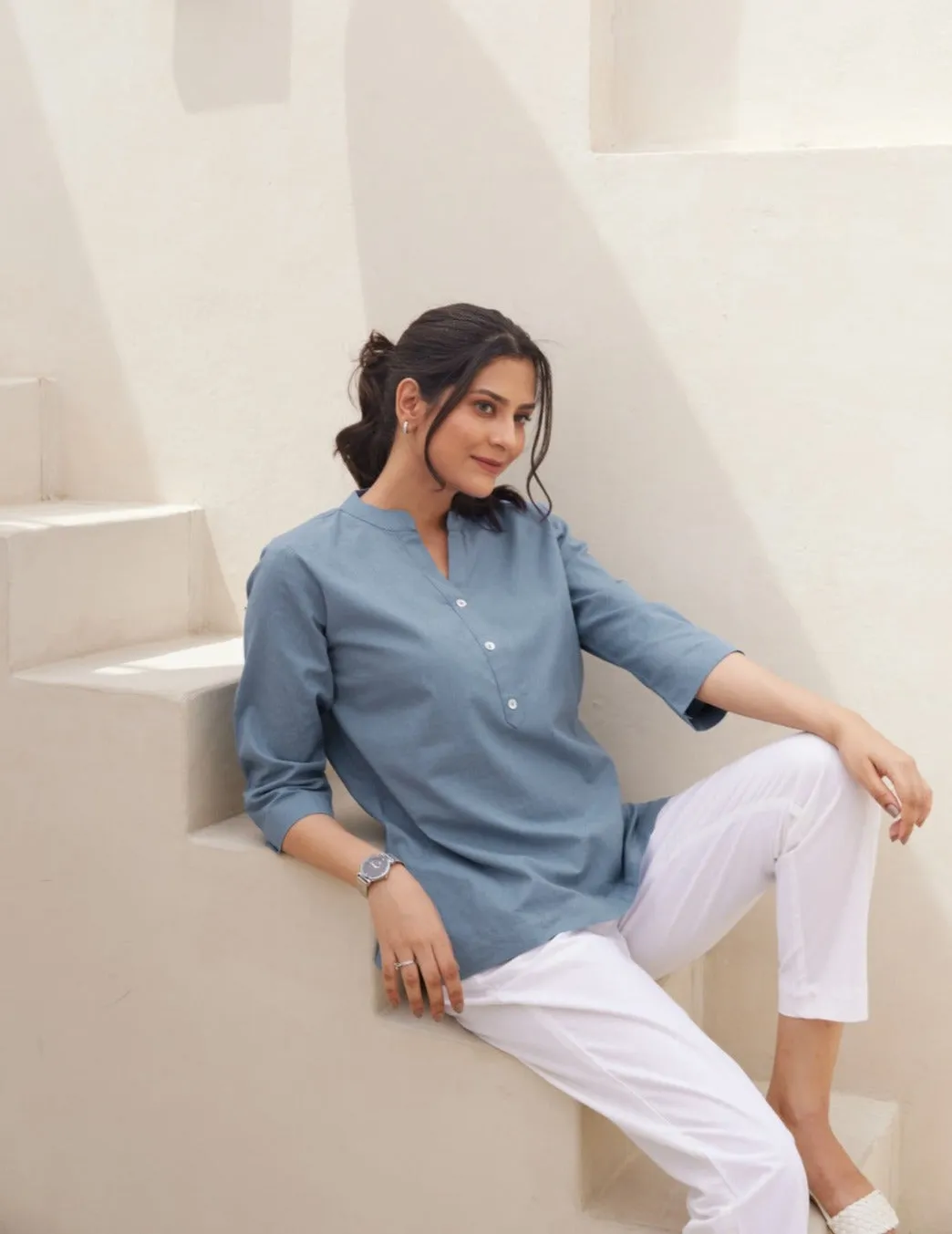 English Blue Airy Linen Short Kurta