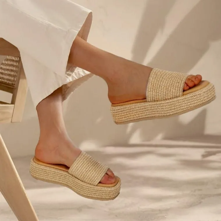 EQAUDES Platform Sandals for Women Espadrille Sandals Wedge Sandals for Women Cute Beach Straw Raffia Sandals Comfortable Brown Sandals Vacation for Women