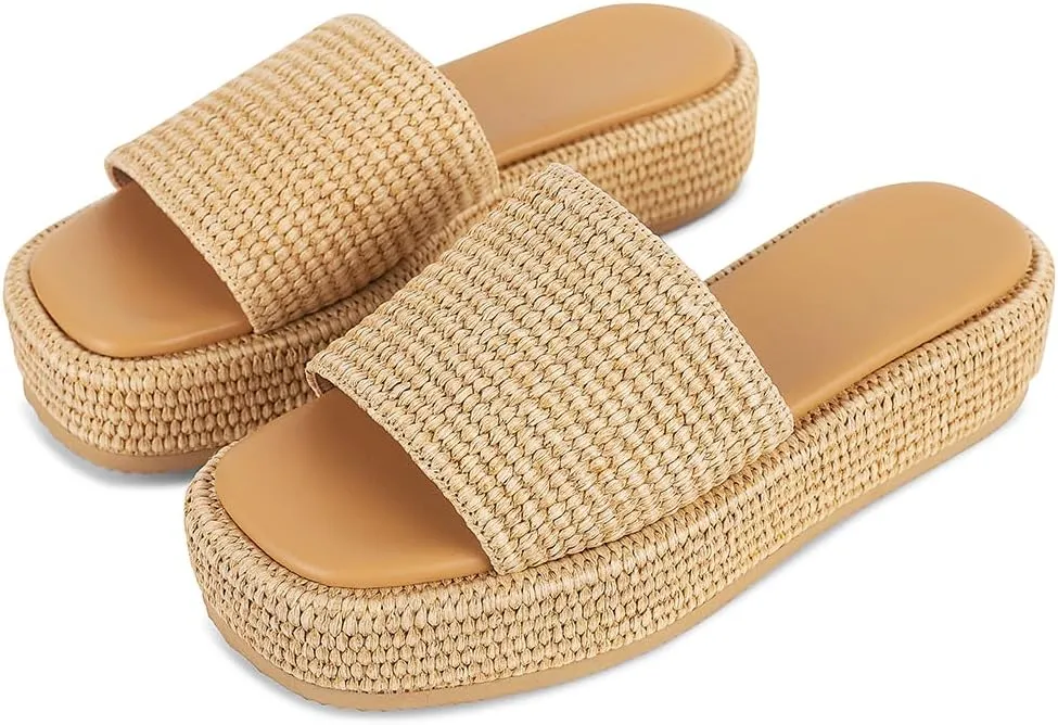 EQAUDES Platform Sandals for Women Espadrille Sandals Wedge Sandals for Women Cute Beach Straw Raffia Sandals Comfortable Brown Sandals Vacation for Women