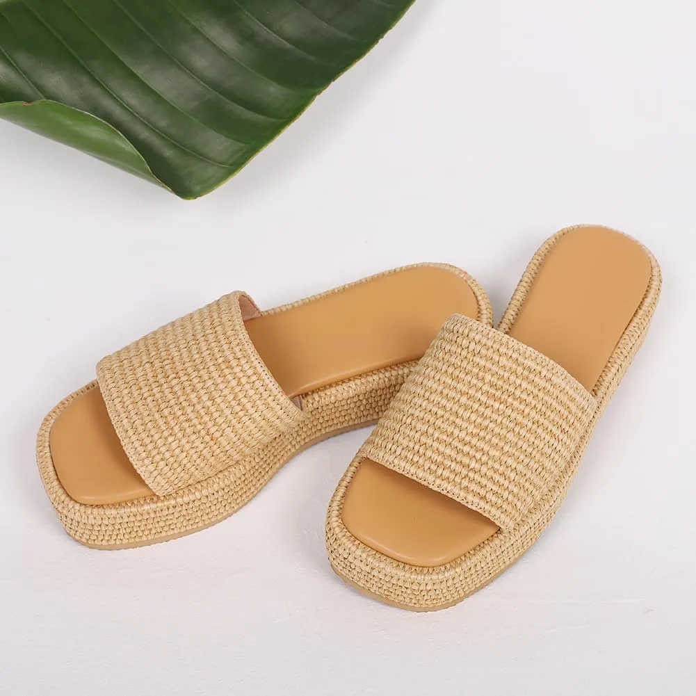 EQAUDES Platform Sandals for Women Espadrille Sandals Wedge Sandals for Women Cute Beach Straw Raffia Sandals Comfortable Brown Sandals Vacation for Women
