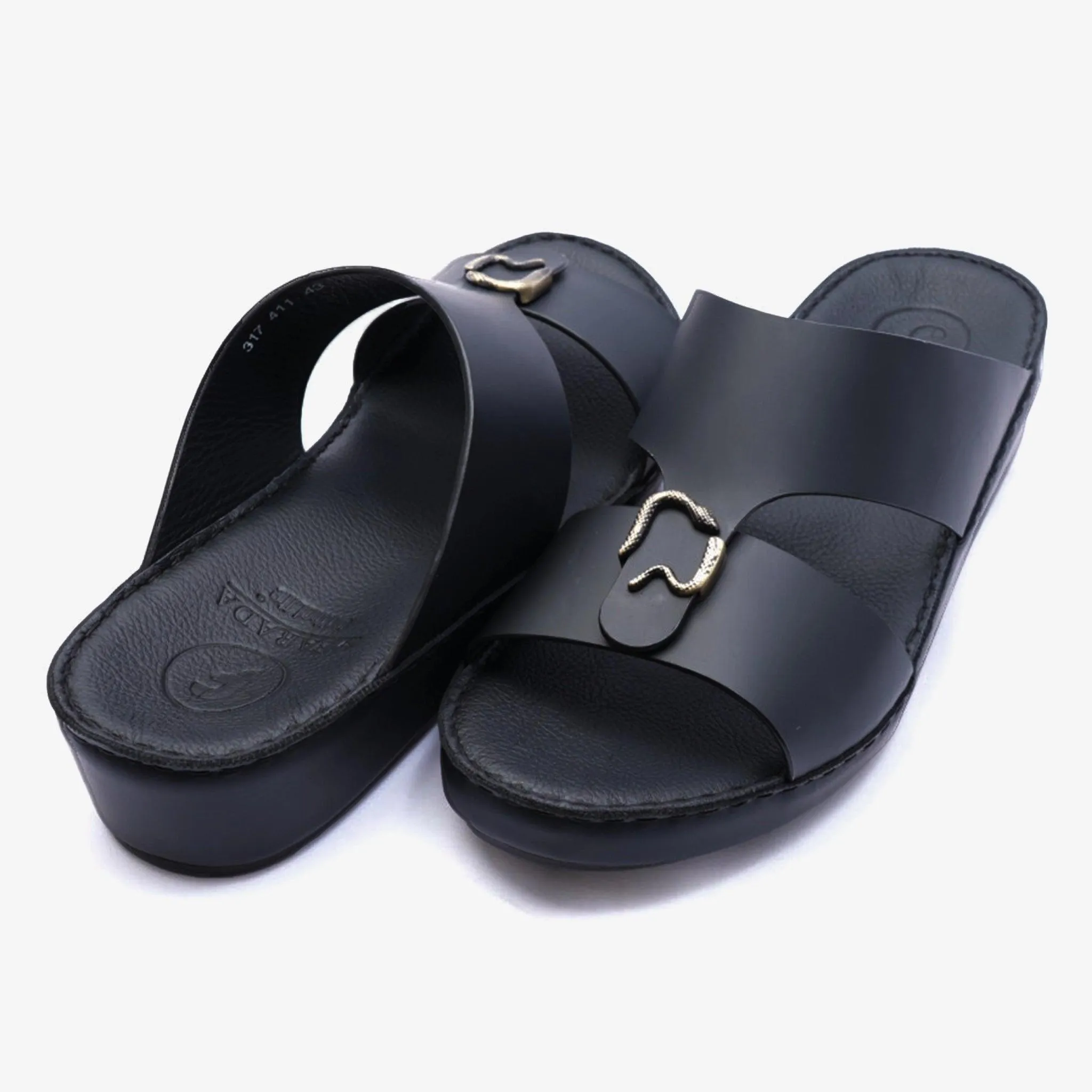 FARADA DA VINCI BRASS ICONIC DOUBLE F TRIM ARABIC SANDALS BLACK