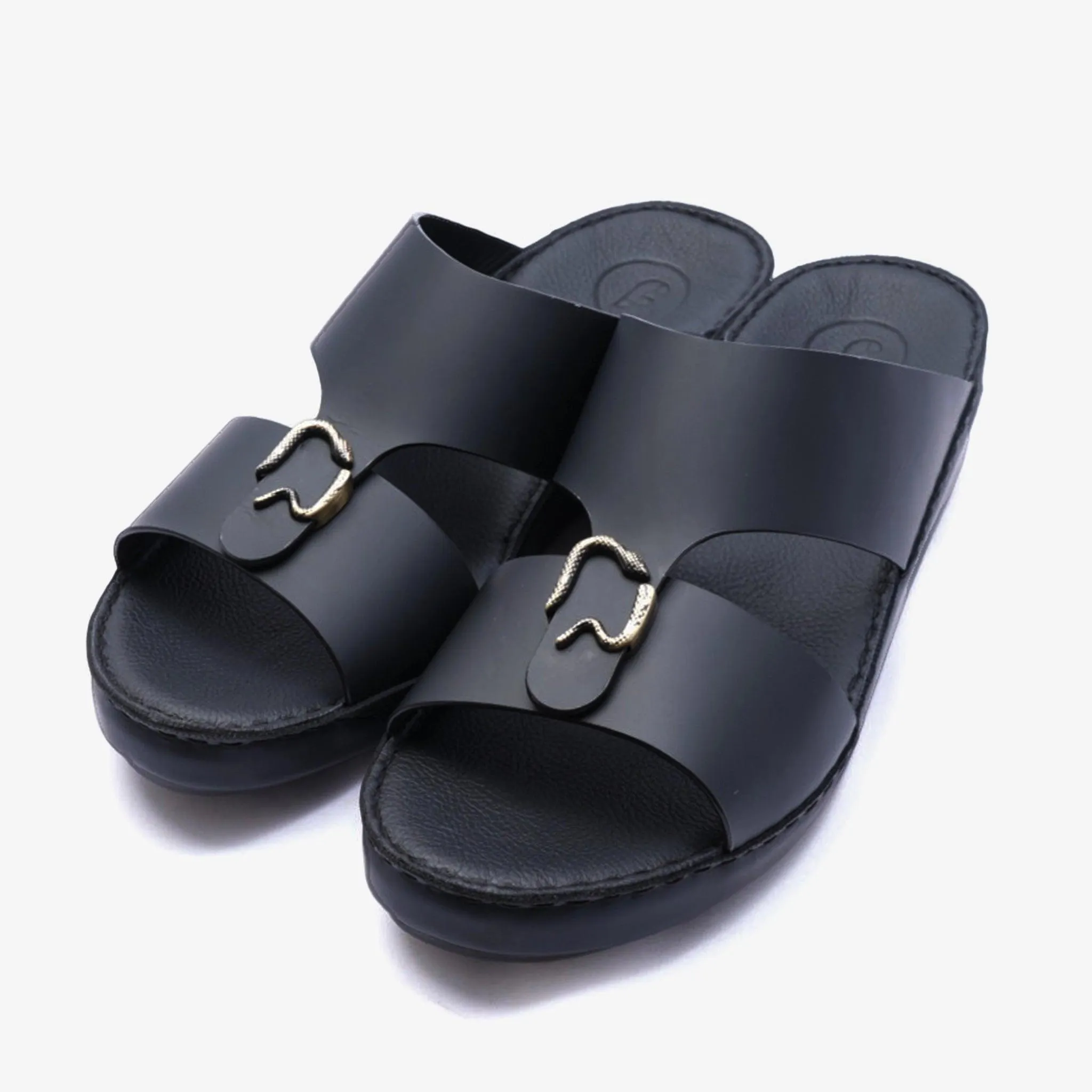 FARADA DA VINCI BRASS ICONIC DOUBLE F TRIM ARABIC SANDALS BLACK