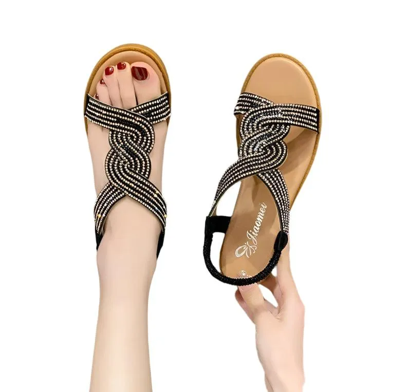 Fashion Flat Round Toe Heel Diamond Decoration Slip on Size 35-40  Women Sandals