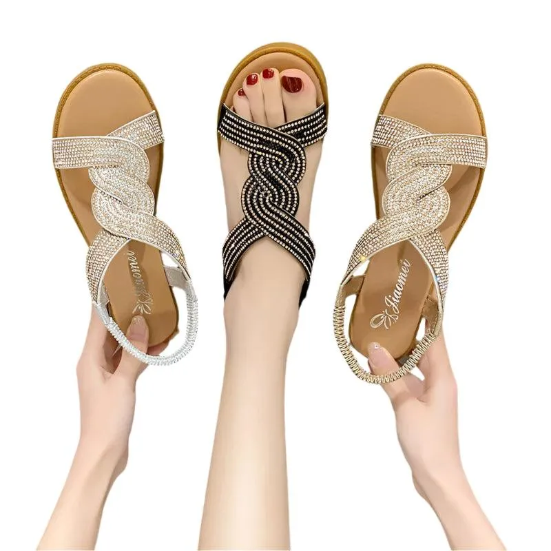 Fashion Flat Round Toe Heel Diamond Decoration Slip on Size 35-40  Women Sandals