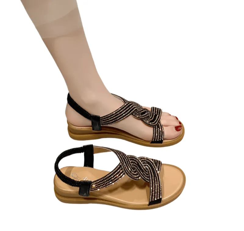 Fashion Flat Round Toe Heel Diamond Decoration Slip on Size 35-40  Women Sandals