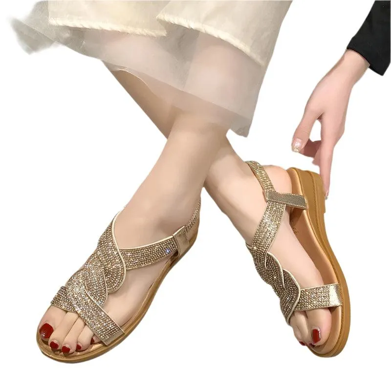 Fashion Flat Round Toe Heel Diamond Decoration Slip on Size 35-40  Women Sandals