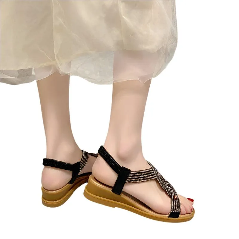 Fashion Flat Round Toe Heel Diamond Decoration Slip on Size 35-40  Women Sandals