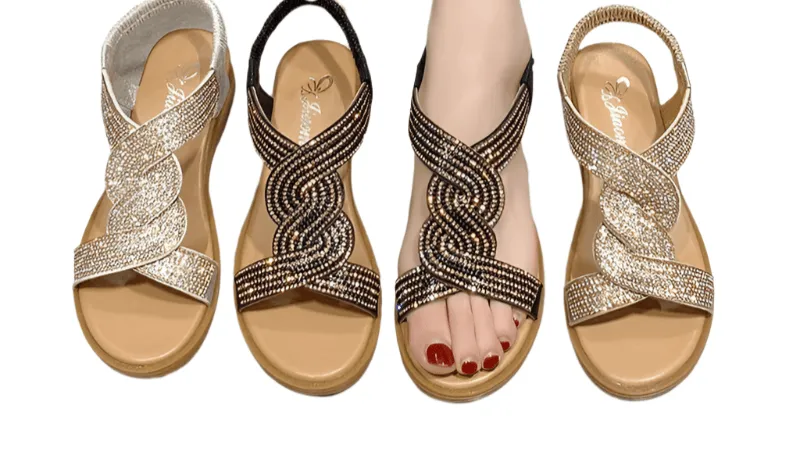 Fashion Flat Round Toe Heel Diamond Decoration Slip on Size 35-40  Women Sandals