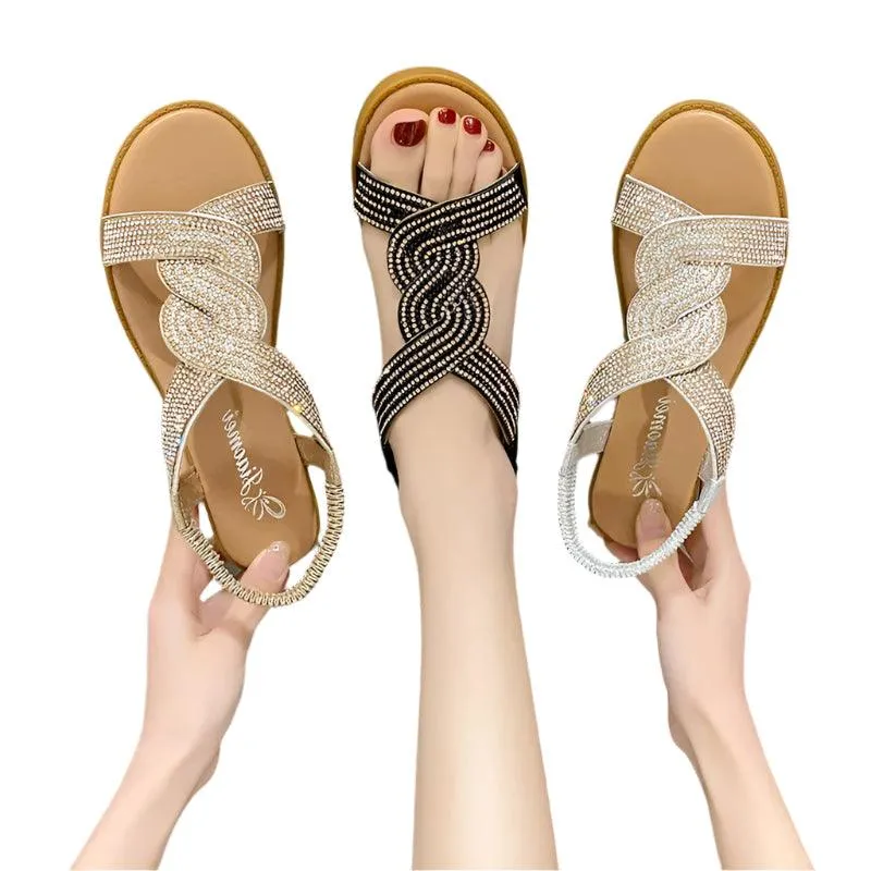 Fashion Flat Round Toe Heel Diamond Decoration Slip on Size 35-40  Women Sandals