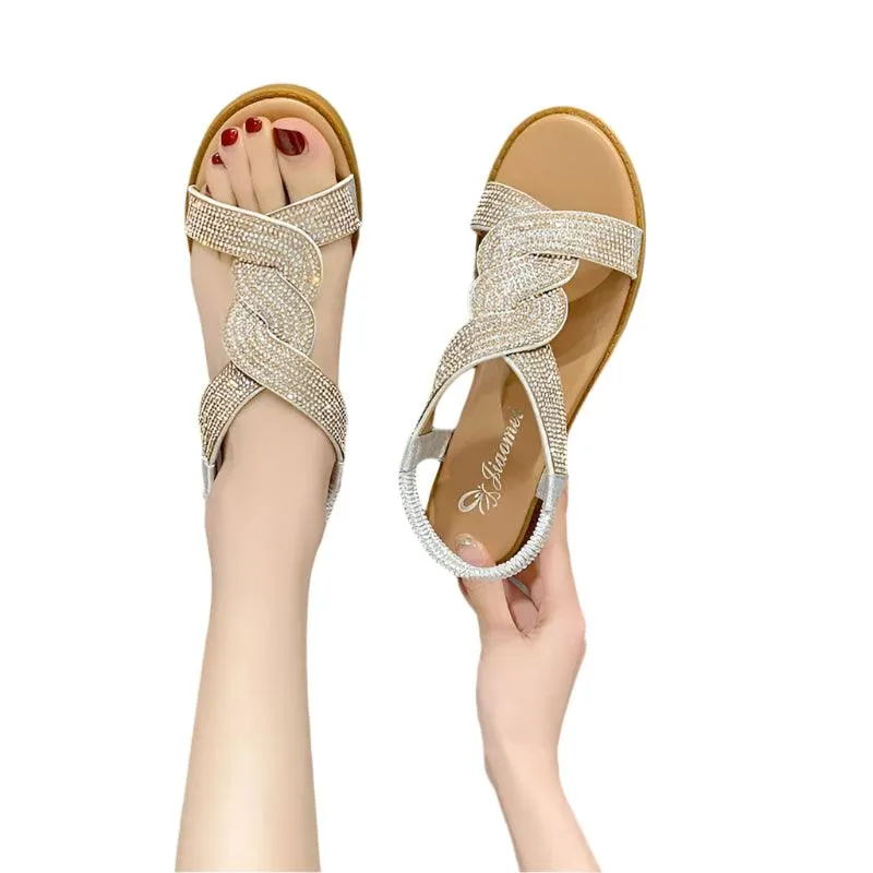 Fashion Flat Round Toe Heel Diamond Decoration Slip on Size 35-40  Women Sandals