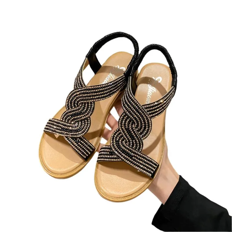 Fashion Flat Round Toe Heel Diamond Decoration Slip on Size 35-40  Women Sandals