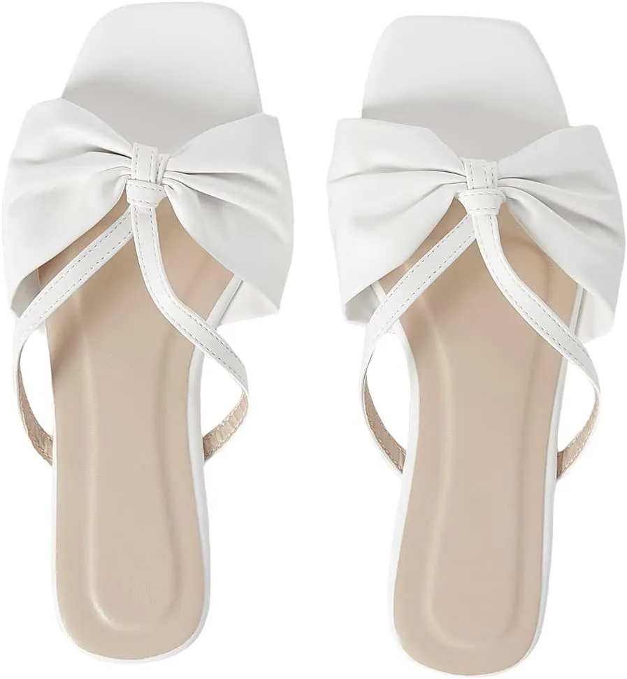 GORGLITTER Women's Bow Knot Square Toe Flat Sandals Open Toe Leather Slide Sandals