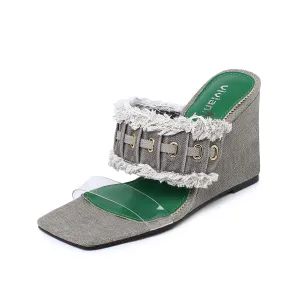 Grey Denim Open Toe Frayed Clear Wedge Sandals