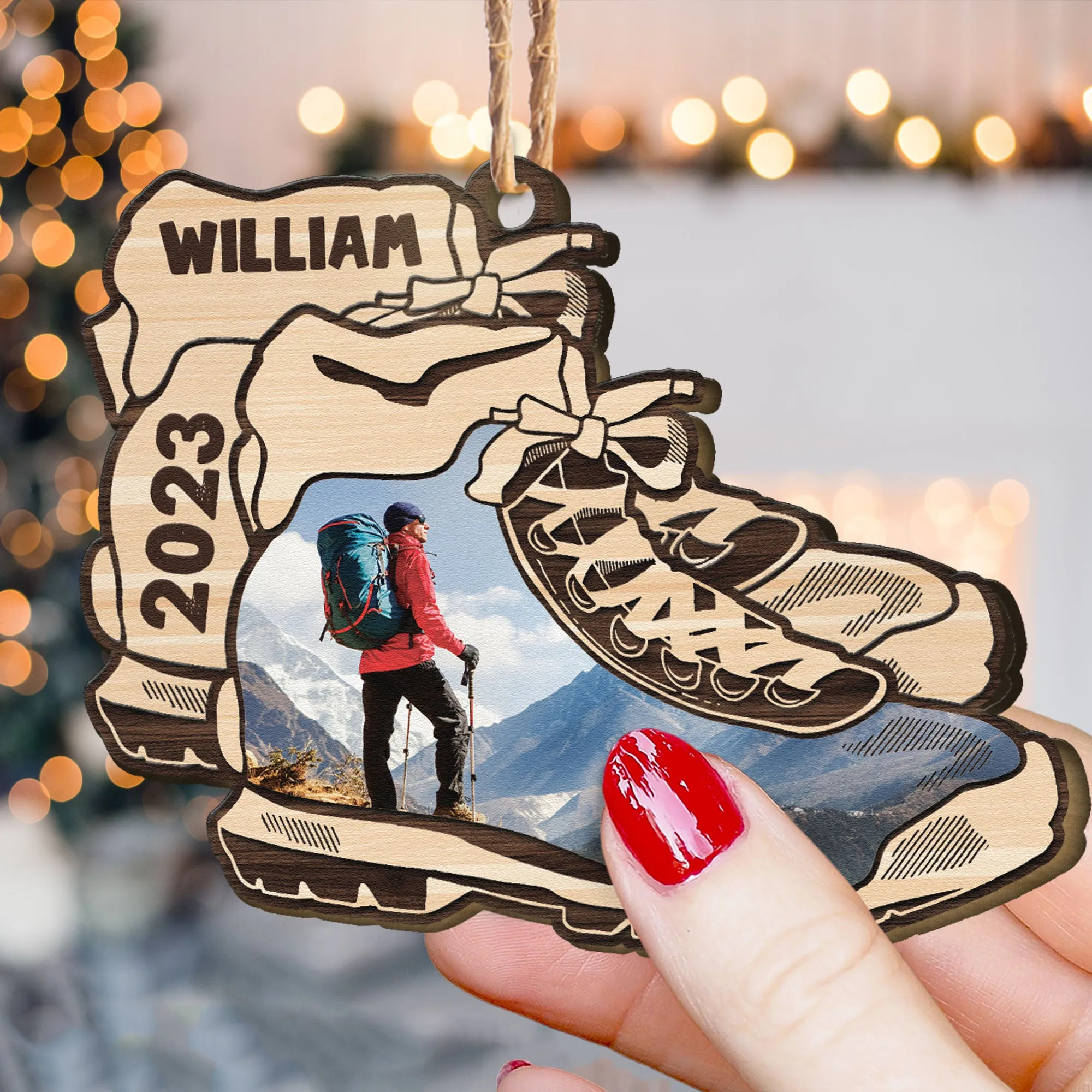 Hiking Boots Ornament - Personalized Wooden Photo Ornament