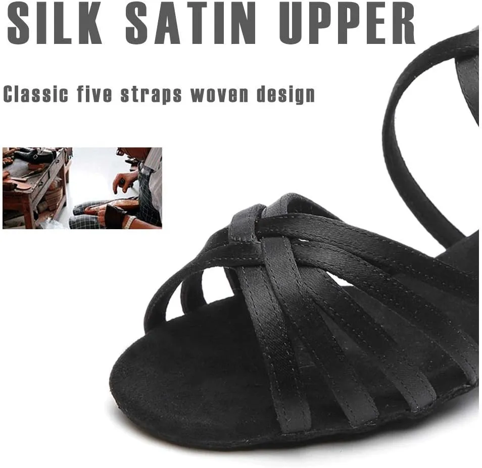 HIPPOSEUS Girls Latin Dance Shoes Silk Satin Low Heel Ballroom Salsa Dance Practice Performance Dancing Shoes,Model 202