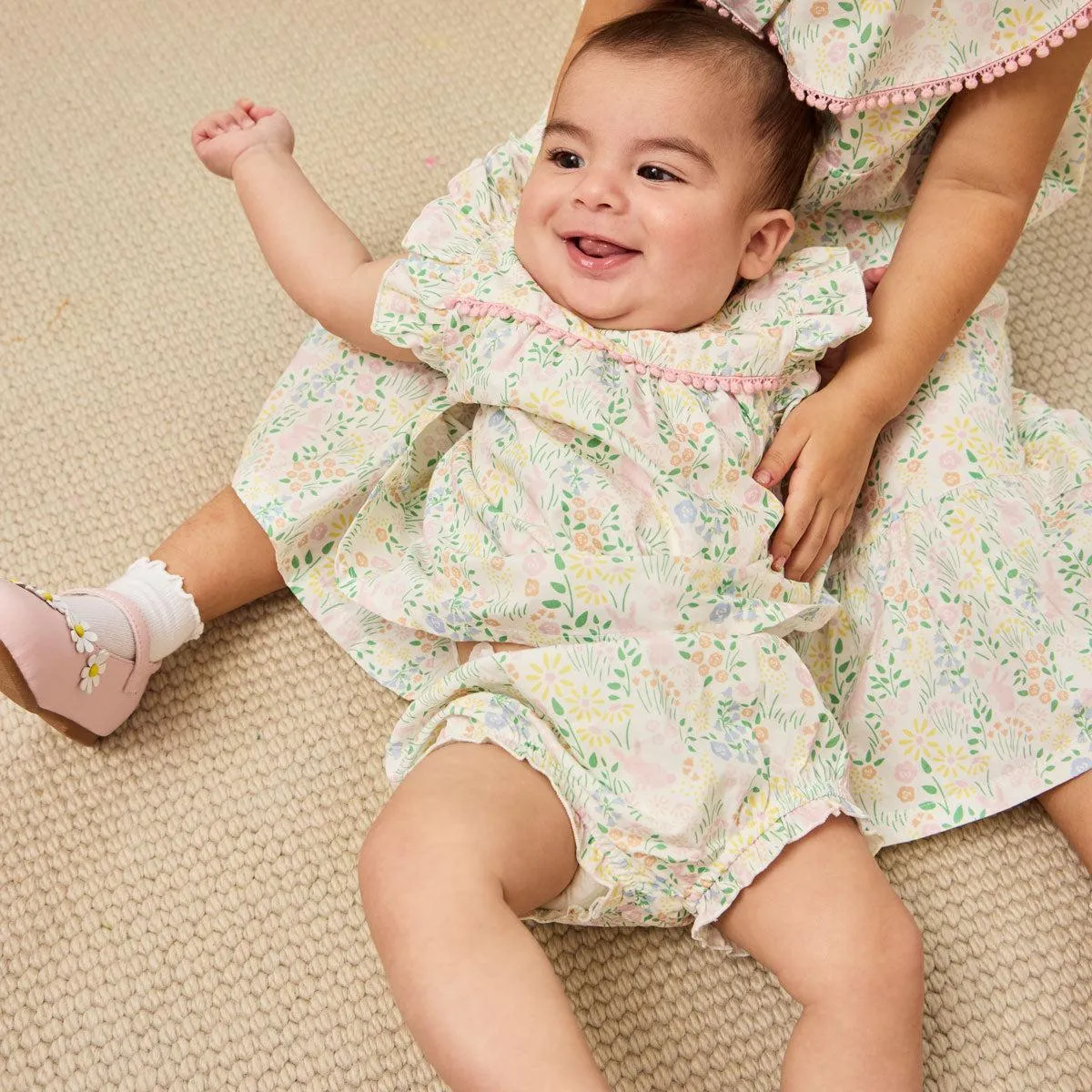 Hoppy Garden Cotton Poplin Magnetic Sleeveless Dress   Diaper Cover Set